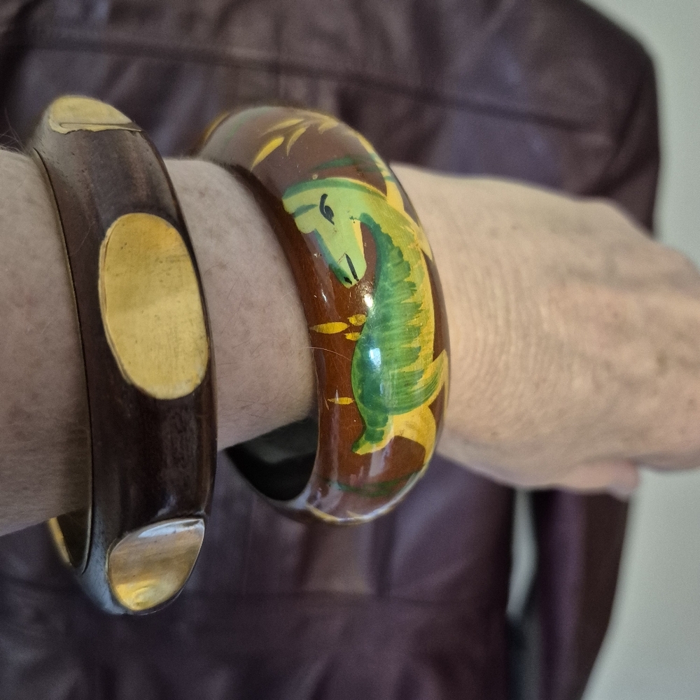 Vintage Wooden Bangle Set - Brown and Green
